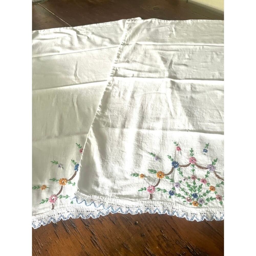 Vintage Embroidered Pillowcases Pair Floral Crochet Lace Cottagecore